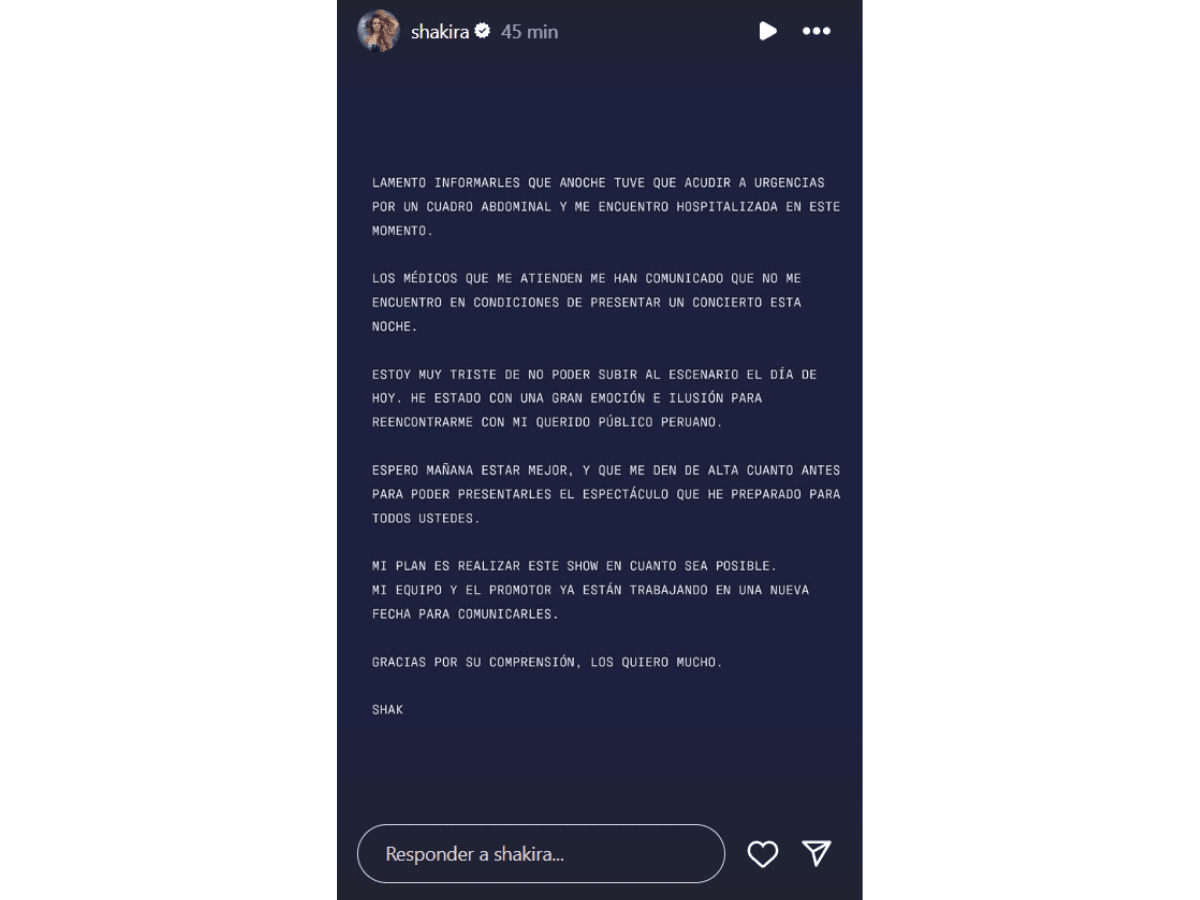 Após apresentações no Brasil, Shakira é hospitalizada e cancela show no Peru Após apresentações no Brasil, Shakira é hospitalizada e cancela show no Peru
