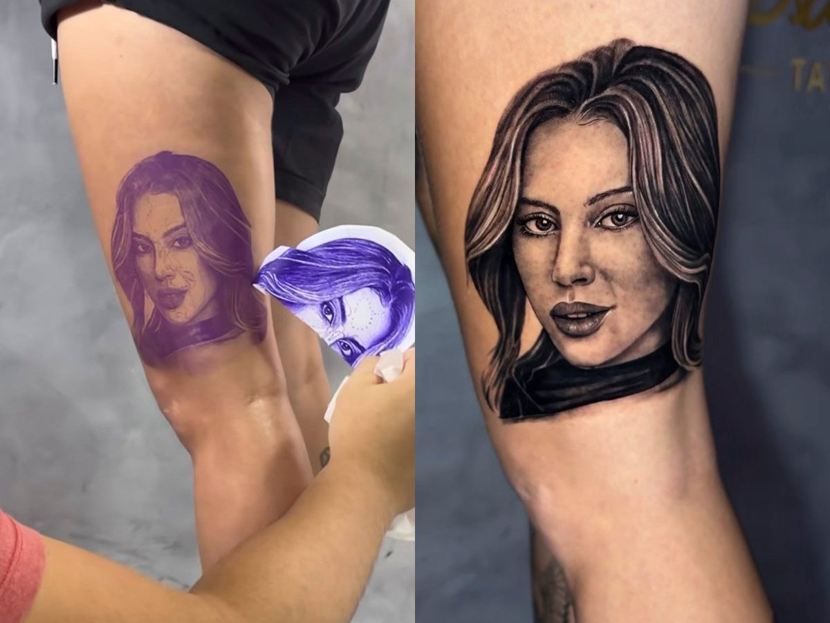 Marcou na pele! Fã tatua rosto de Renata na perna antes da final do BBB25 Marcou na pele! Fã tatua rosto de Renata na perna antes da final do BBB25