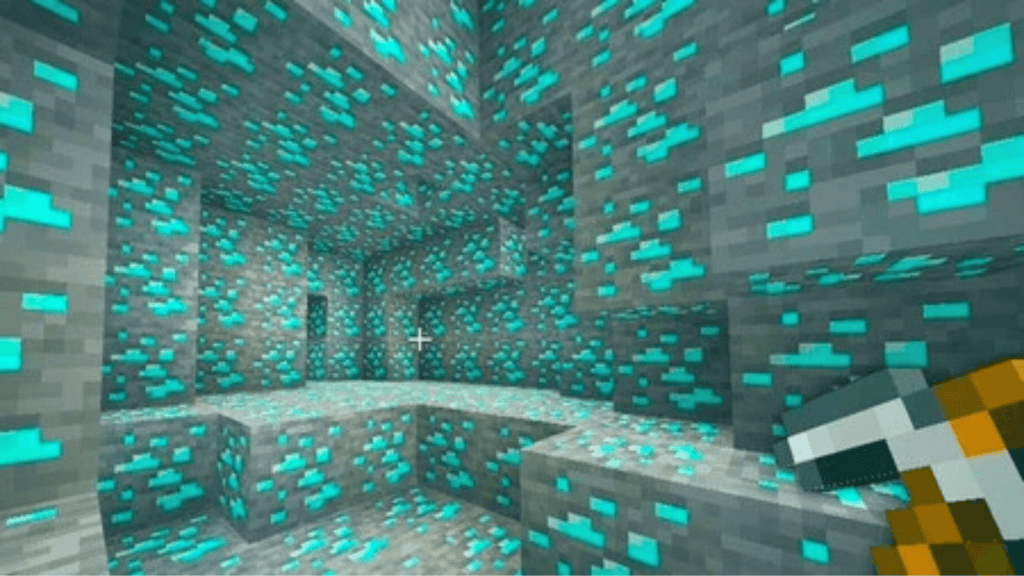 imagem do jogo minecraft com uma caverna repleta de diamantes