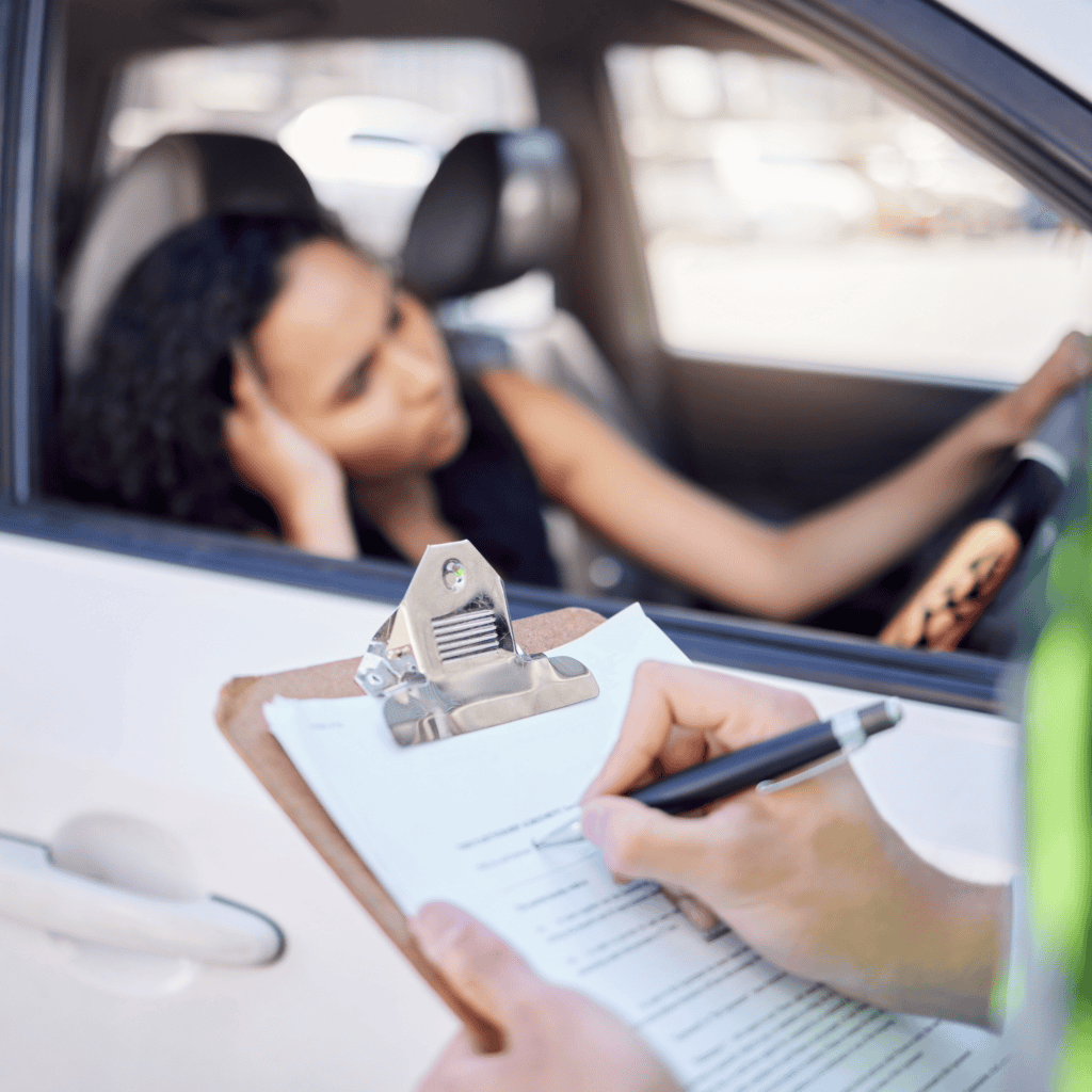 mulher chateado ao volante enquanto um oficial da lei do trânsito lhe escreve uma multa