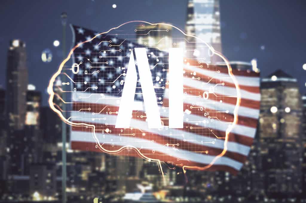 Bandeira dos EUA no fundo, com o desenho de um cérebro humano e os dizeres "AI"