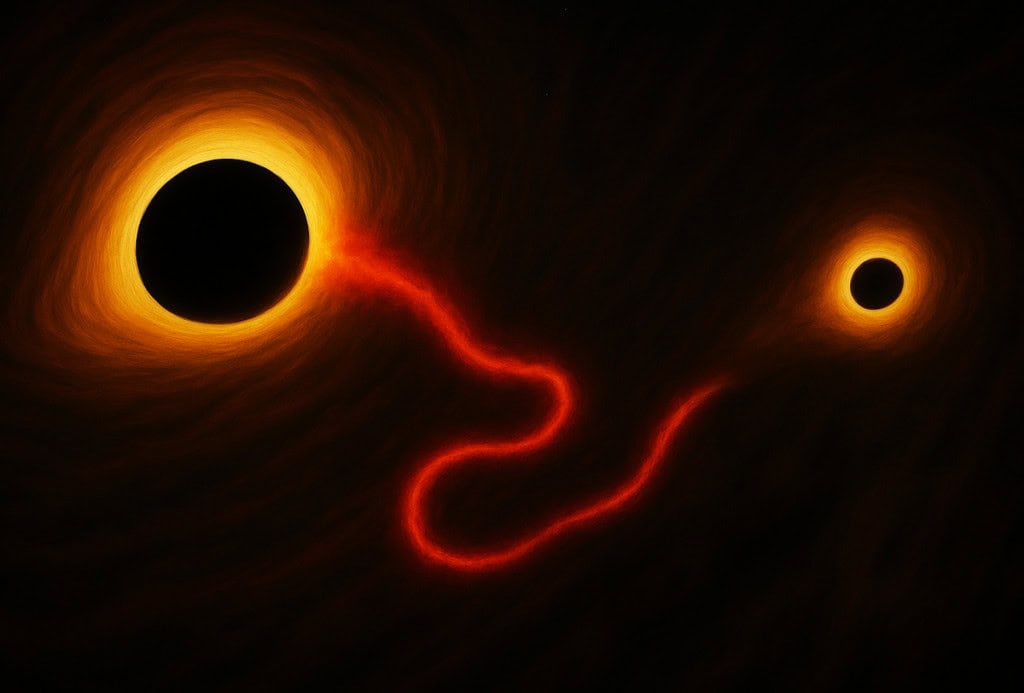 Galáxia com dois buracos negros gigantes dispara jato de plasma “quebrado” Galáxia com dois buracos negros gigantes dispara jato de plasma “quebrado”