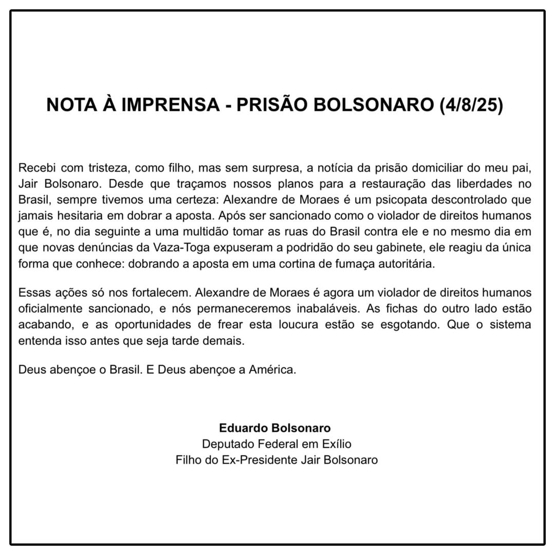 Eduardo Bolsonaro chama Moraes de “psicopata” e diz que prisão do pai é vingança Eduardo Bolsonaro chama Moraes de “psicopata” e diz que prisão do pai é vingança